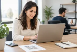 Professionnelle répondant à un client sur un ordinateur, avec un smartphone et des supports marketing posés sur le bureau.